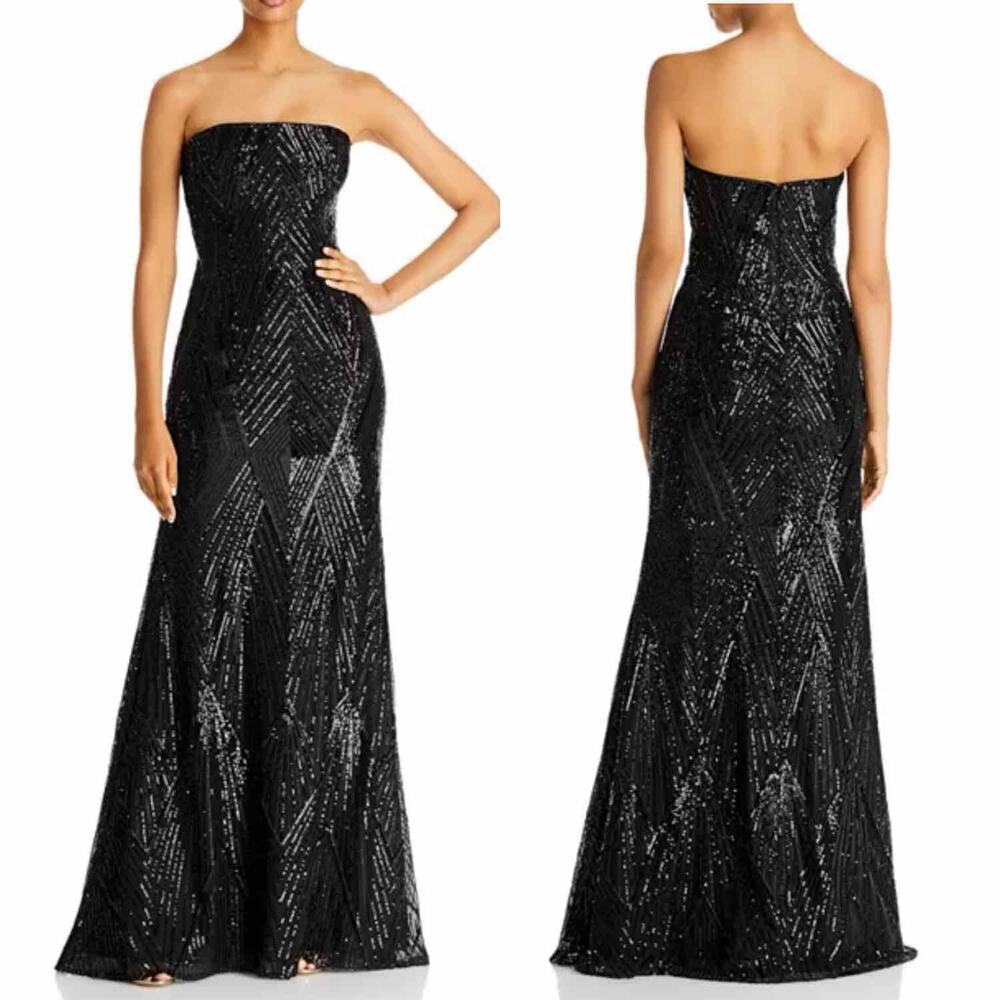 Teri Jon by Rickie Freeman Strapless Geometric Sequined Gown Black US 12 Formal